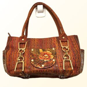 Debbie Brooks croc embossed “Peach Flower” floral art leather satchel handbag